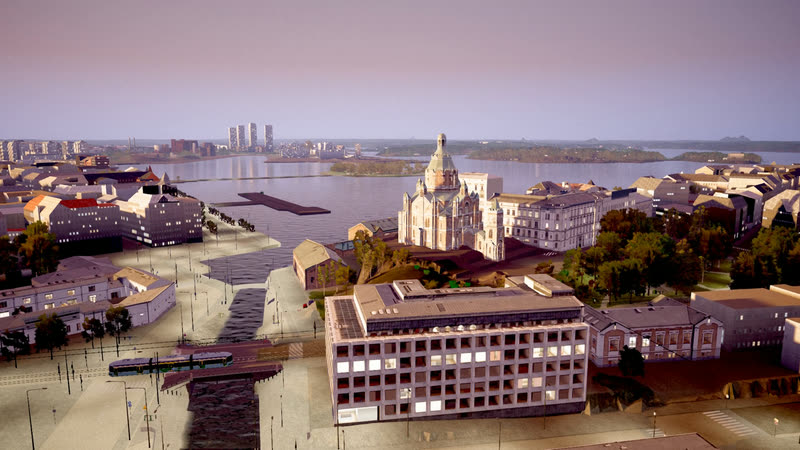 Uspenski Cathedral and Katajanokka, with a tram on the bridge
