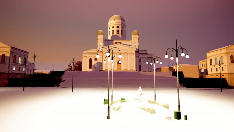 Senate Square under snow at dusk