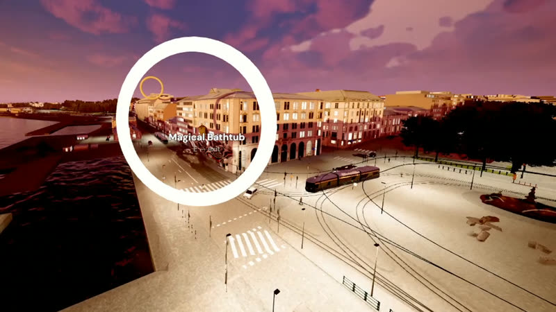 Flying the bathtub through a ring above a tram line at sunrise